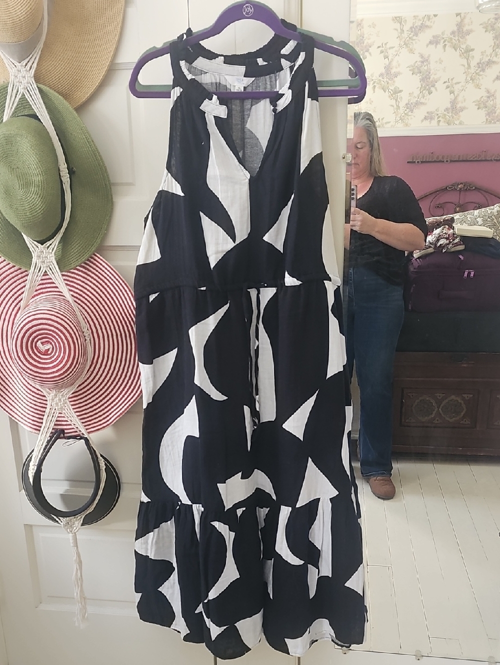 Time and Tru Black and White Cotton Sleeveless Tiered Maxi Dress XL